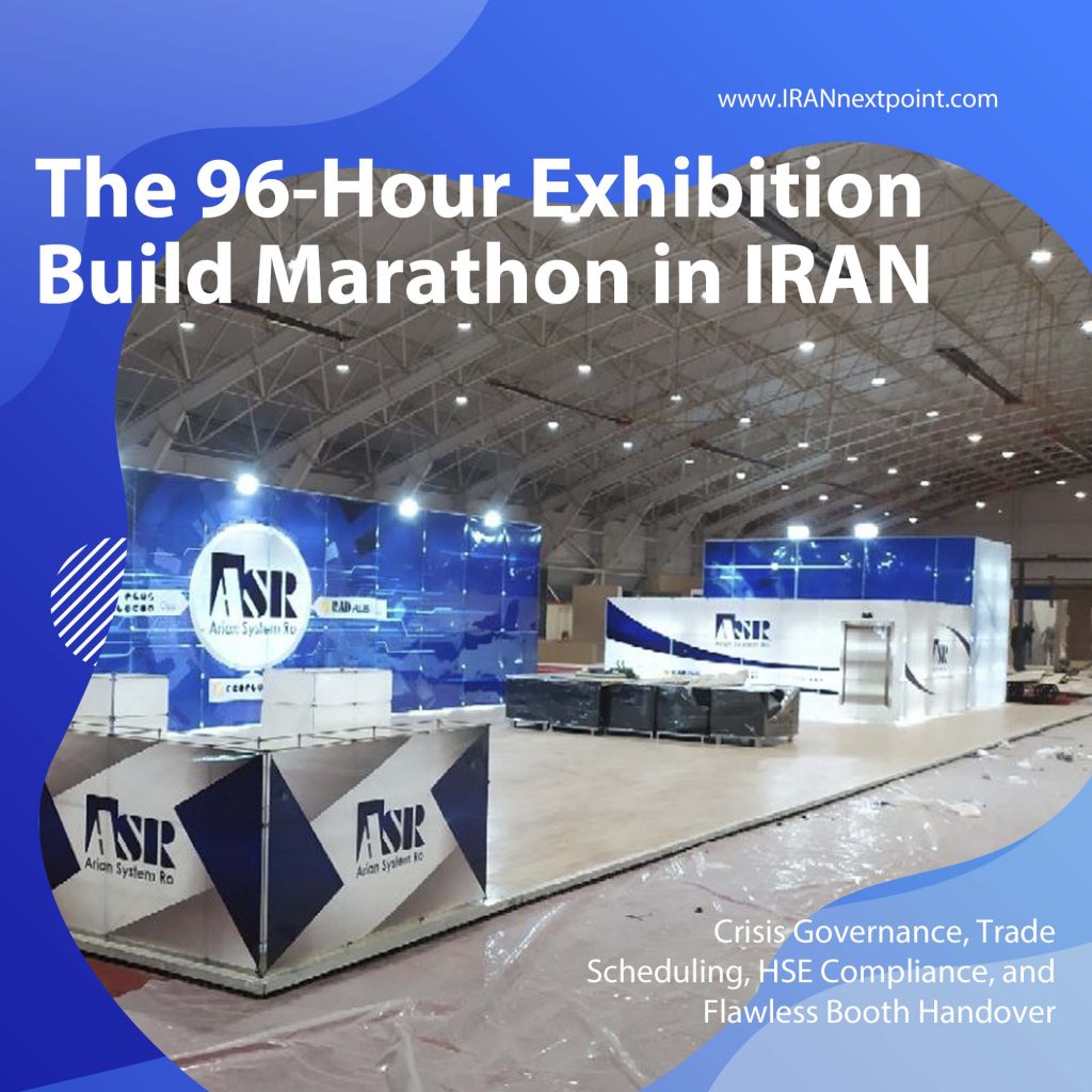 Iran exhibition stand contractor monitoring sequential painting and electrical trade scheduling under strict HSE venue compliance
