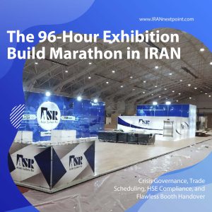 Iran exhibition stand contractor monitoring sequential painting and electrical trade scheduling under strict HSE venue compliance