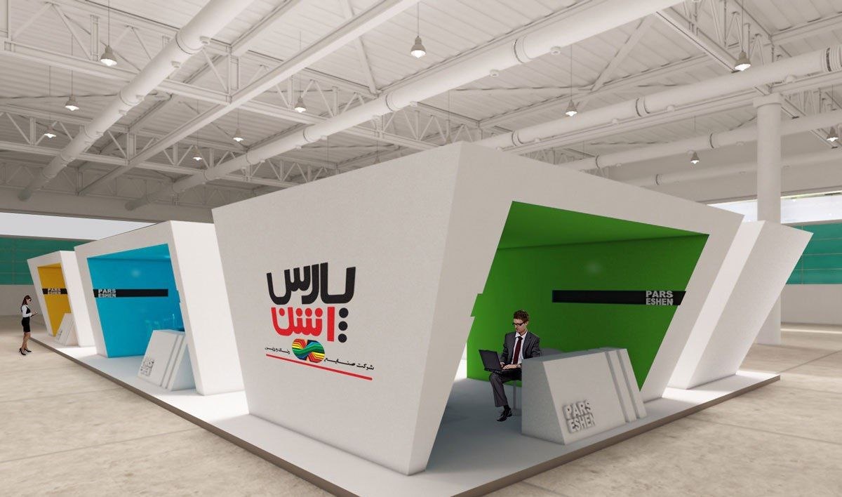 3D CAD model of Pars Eshen exhibition booth featuring an integrated car mock-up extending through the wall